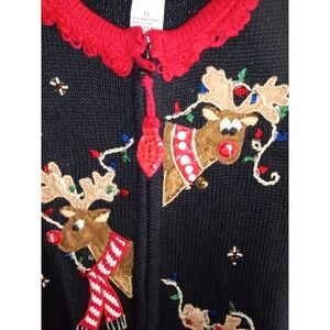 Tiara Sz L Petites Christmas Sweater Black Zip Animal Red Embroidery Fun Teacher